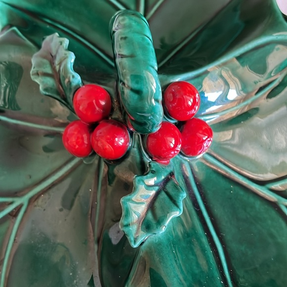 Vintage beautiful Lefton China #1351 Japan handled divided holly berry dish - Picture 2 of 8